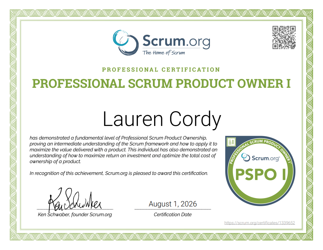 Professional Scrum Product Owner I certificate - click to enlarge